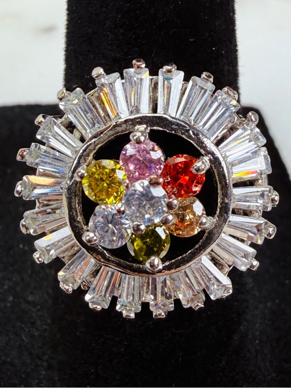 Pretty silvertone, multi colored bling size 6 3/4 statement ring